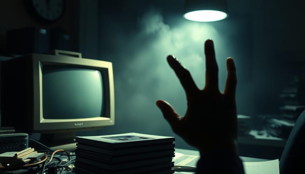 A dimly lit office setting, with an old CRT monitor and a stack of floppy disks on a cluttered desk. In the foreground, a hand reaches towards the disks, casting an ominous shadow. The background is hazy, suggesting the potential security risks lurking in these outdated backups. The lighting is harsh, creating a sense of unease and tension. The overall atmosphere evokes the feeling of a cautionary tale, highlighting the dangers of neglecting to properly manage and secure old data backups.