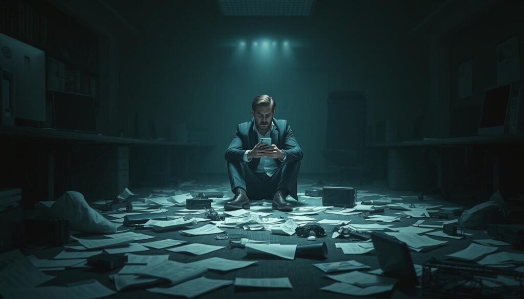 A dimly lit office space, its once-thriving atmosphere now shrouded in darkness. Scattered papers and broken computers litter the floor, a testament to the chaos that ensued when the backup system failed. In the center, a lone executive sits hunched over a smartphone, the glow of the screen casting an eerie light on their face, their expression a mix of concern and frustration. The background is a hazy, muted palette, emphasizing the sense of dread and uncertainty that permeates the scene. The image conveys the tangible impact of a backup failure, highlighting the disruption, data loss, and financial consequences that can cripple a business when disaster strikes.