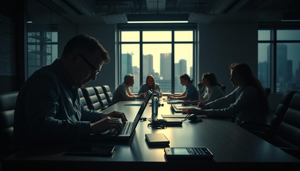 A dimly lit office space, the air thick with tension. In the foreground, a harried business executive pores over a laptop, fingers tapping furiously as they navigate a web of financial data and risk assessments. Beside them, a phone lies abandoned, its screen flickering with urgent notifications. The middle ground is dominated by a conference table, where colleagues huddle, faces etched with concern. Shadows cast by the harsh overhead lighting lend an ominous atmosphere, heightening the sense of urgency. In the background, the cityscape beyond the window is barely visible, a testament to the all-consuming nature of the crisis at hand. The overall mood is one of trepidation and a race against the clock, capturing the essence of "business impact in hours, not months: risk, response, and communication". A dimly lit office space, the air thick with tension. In the foreground, a harried business executive pores over a laptop, fingers tapping furiously as they navigate a web of financial data and risk assessments. Beside them, a phone lies abandoned, its screen flickering with urgent notifications. The middle ground is dominated by a conference table, where colleagues huddle, faces etched with concern. Shadows cast by the harsh overhead lighting lend an ominous atmosphere, heightening the sense of urgency. In the background, the cityscape beyond the window is barely visible, a testament to the all-consuming nature of the crisis at hand. The overall mood is one of trepidation and a race against the clock, capturing the essence of "business impact in hours, not months: risk, response, and communication".