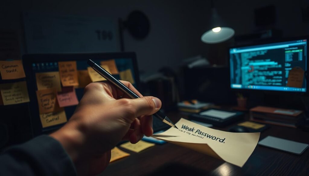 A dimly lit office space, the glow of a computer monitor casting a soft light over a desk cluttered with sticky notes, each bearing a series of common, easily guessable passwords. In the foreground, a hand reaches for a pen, scribbling down another weak password on a crumpled piece of paper. The atmosphere is one of carelessness and complacency, hinting at the vulnerability that lies beneath the surface. The scene is captured through a lens that emphasizes the mundane details, creating a sense of unease and the potential for a larger, more sinister narrative to unfold. A dimly lit office space, the glow of a computer monitor casting a soft light over a desk cluttered with sticky notes, each bearing a series of common, easily guessable passwords. In the foreground, a hand reaches for a pen, scribbling down another weak password on a crumpled piece of paper. The atmosphere is one of carelessness and complacency, hinting at the vulnerability that lies beneath the surface. The scene is captured through a lens that emphasizes the mundane details, creating a sense of unease and the potential for a larger, more sinister narrative to unfold.