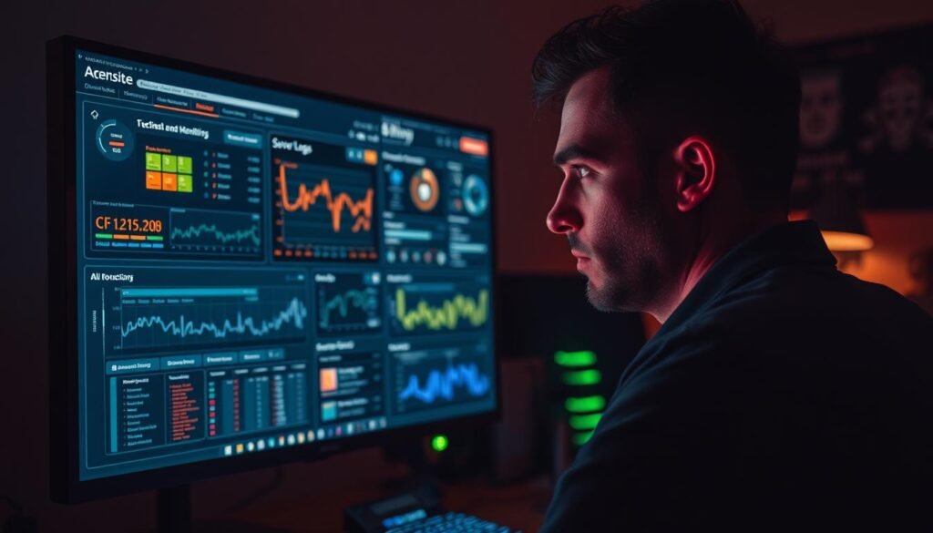 A dimly lit office workspace, with a desktop computer and a large, high-resolution monitor displaying various security dashboards and monitoring tools. The screen shows real-time data, graphs, and alerts related to website traffic, server logs, and suspicious activity. The user, a cybersecurity professional, is intently focused, brow furrowed, carefully scanning the information with a keen, analytical eye. Soft, warm lighting illuminates the scene, creating an atmosphere of concentration and vigilance. The overall impression conveys the importance of proactive site monitoring and the need to stay one step ahead of potential threats. A dimly lit office workspace, with a desktop computer and a large, high-resolution monitor displaying various security dashboards and monitoring tools. The screen shows real-time data, graphs, and alerts related to website traffic, server logs, and suspicious activity. The user, a cybersecurity professional, is intently focused, brow furrowed, carefully scanning the information with a keen, analytical eye. Soft, warm lighting illuminates the scene, creating an atmosphere of concentration and vigilance. The overall impression conveys the importance of proactive site monitoring and the need to stay one step ahead of potential threats.