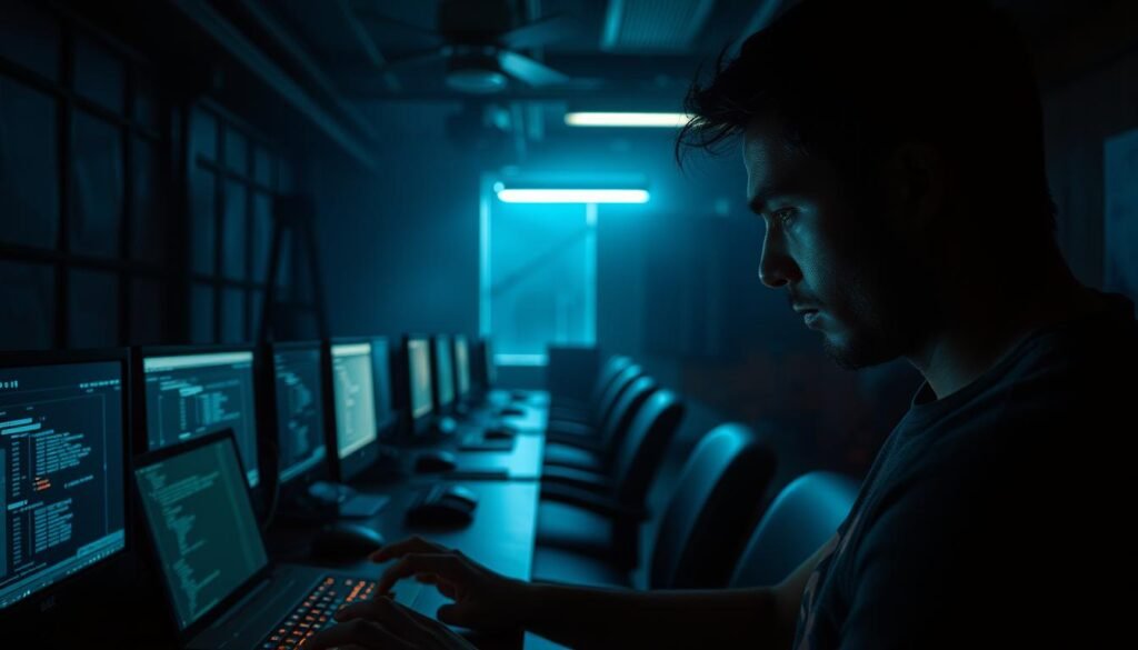 A dimly lit, realistic-looking computer lab with rows of workstations. In the foreground, a person intently examining a laptop screen, their face illuminated by the glow of the display. The room has a sense of focus and concentration, with monitors and equipment on the desks, suggesting an environment for practicing penetration testing techniques. Subtle ambient lighting casts long shadows, creating a palpable atmosphere of exploration and discovery. The overall scene conveys a safe, controlled setting for honing ethical hacking skills. A dimly lit, realistic-looking computer lab with rows of workstations. In the foreground, a person intently examining a laptop screen, their face illuminated by the glow of the display. The room has a sense of focus and concentration, with monitors and equipment on the desks, suggesting an environment for practicing penetration testing techniques. Subtle ambient lighting casts long shadows, creating a palpable atmosphere of exploration and discovery. The overall scene conveys a safe, controlled setting for honing ethical hacking skills.