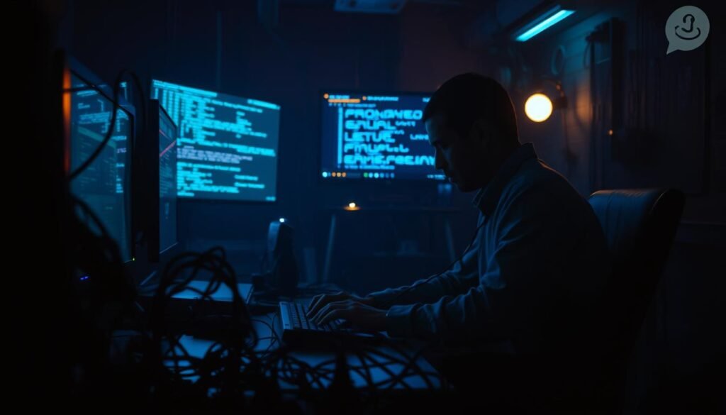 A dimly lit room, filled with the glow of computer screens and the hum of electronics. In the foreground, a tangle of wires and cables, suggesting a complex web of connections. A shadowy figure sits at a desk, fingers dancing across a keyboard, their face obscured by the soft blue light. In the background, a display shows a series of symbols and code, hinting at the intricate nature of the task at hand. The atmosphere is tense, the air thick with the weight of uncovering the truth behind a complex digital deception. The image captures the essence of unraveling the mystery of false flag attribution, a masterclass in the art of misdirection. A dimly lit room, filled with the glow of computer screens and the hum of electronics. In the foreground, a tangle of wires and cables, suggesting a complex web of connections. A shadowy figure sits at a desk, fingers dancing across a keyboard, their face obscured by the soft blue light. In the background, a display shows a series of symbols and code, hinting at the intricate nature of the task at hand. The atmosphere is tense, the air thick with the weight of uncovering the truth behind a complex digital deception. The image captures the essence of unraveling the mystery of false flag attribution, a masterclass in the art of misdirection.
