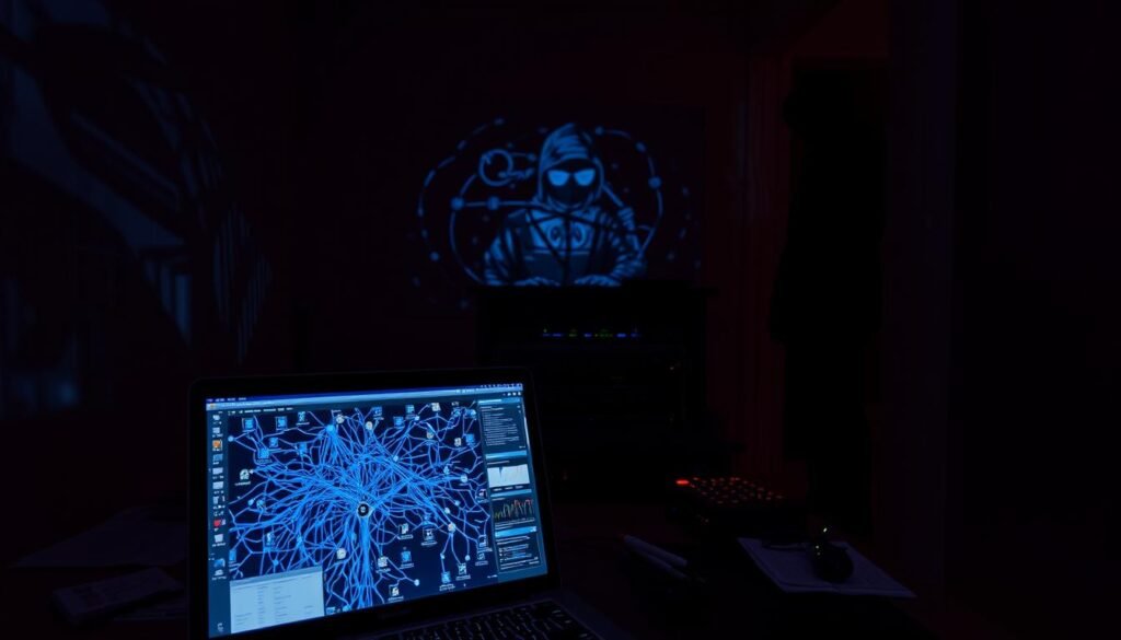 A dimly lit room, shadows dancing across the walls, revealing the hidden flaws and weaknesses that lurk in the digital landscape. In the foreground, a laptop screen displays a sprawling network diagram, its tangled web of connections hinting at the complexities of modern IT infrastructure. Scattered across the desktop, various security tools and dashboards provide glimpses into the vulnerabilities that lie beneath the surface, waiting to be discovered and addressed. The middle ground is dominated by a three-dimensional model of a network switch, its intricate components and ports symbolizing the interconnected nature of digital systems. In the background, a haunting silhouette of a hacker looms, a constant reminder of the ever-present threats that organizations must remain vigilant against. A dimly lit room, shadows dancing across the walls, revealing the hidden flaws and weaknesses that lurk in the digital landscape. In the foreground, a laptop screen displays a sprawling network diagram, its tangled web of connections hinting at the complexities of modern IT infrastructure. Scattered across the desktop, various security tools and dashboards provide glimpses into the vulnerabilities that lie beneath the surface, waiting to be discovered and addressed. The middle ground is dominated by a three-dimensional model of a network switch, its intricate components and ports symbolizing the interconnected nature of digital systems. In the background, a haunting silhouette of a hacker looms, a constant reminder of the ever-present threats that organizations must remain vigilant against.
