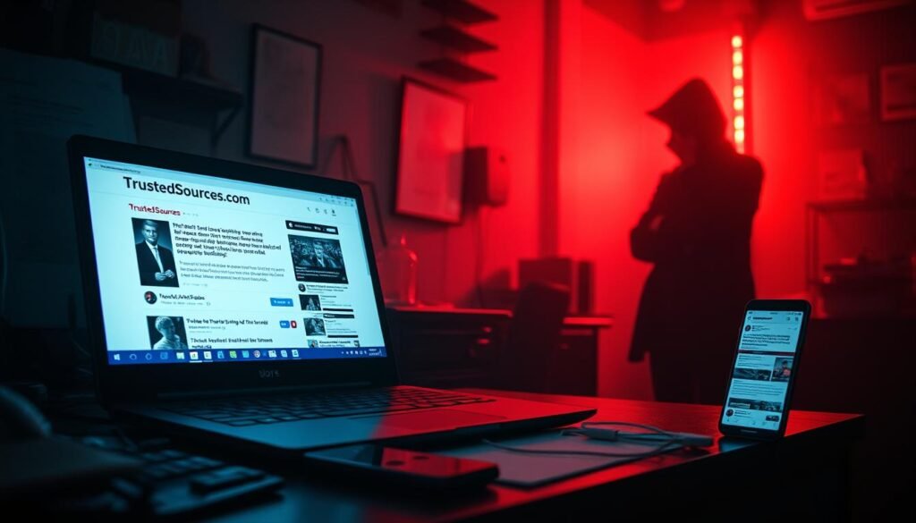 A dimly lit room, the air thick with an aura of mystery and distrust. On a cluttered desk, a laptop displays a web browser window, the URL reading "TrustedSources.com". Beside it, a smartphone shows social media feeds filled with conflicting reports and questionable claims. In the background, a shadowy figure contemplates the reliability of online information, questioning the validity of these so-called "trusted sources". The image conveys a sense of unease and skepticism, challenging the viewer to reconsider their assumptions about the trustworthiness of digital content. A dimly lit room, the air thick with an aura of mystery and distrust. On a cluttered desk, a laptop displays a web browser window, the URL reading "TrustedSources.com". Beside it, a smartphone shows social media feeds filled with conflicting reports and questionable claims. In the background, a shadowy figure contemplates the reliability of online information, questioning the validity of these so-called "trusted sources". The image conveys a sense of unease and skepticism, challenging the viewer to reconsider their assumptions about the trustworthiness of digital content.