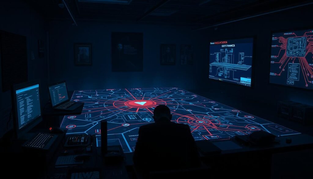 A dimly lit room, the atmosphere tense and foreboding. In the foreground, a lone figure hunched over a laptop, their face illuminated by the glow of the screen. Surrounding them, an array of cutting-edge tools and devices, each meticulously arranged, ready for the task at hand. In the middle ground, a map of the target network, intricate connections and vulnerabilities laid bare, the product of meticulous reconnaissance. In the background, a large display showcases a live feed, monitoring the target's systems, seeking out weaknesses to exploit. The lighting is low and dramatic, casting sharp shadows that add to the sense of intensity and purpose. The overall mood is one of focused determination, a calculated and methodical approach to uncover the target's secrets and expose its weaknesses.