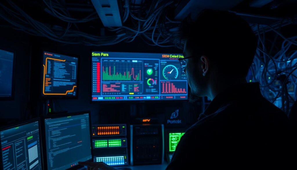A dimly lit security operations center, with a large central display showing a real-time SIEM dashboard. The foreground features a security analyst intently monitoring the alerts and indicators, their face illuminated by the glow of the screens. The middle ground showcases an array of networked devices and servers, symbolizing the complex infrastructure under surveillance. In the background, a maze of wires and cables intertwine, creating an atmosphere of technological complexity. The lighting is a blend of cool blues and subtle greens, evoking a sense of vigilance and technical precision. The overall scene conveys the critical role of SIEM in proactively detecting and responding to email-borne threats within a modern cybersecurity landscape.