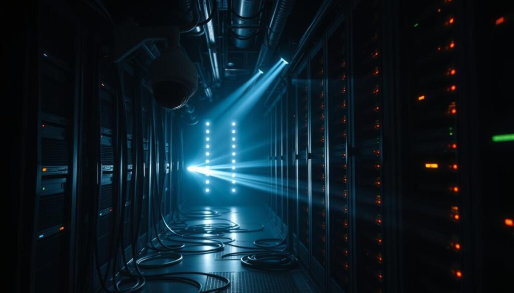 A dimly lit server room, cables snaking across the floor, the glow of LED lights casting an eerie ambiance. In the foreground, a security camera mounted on the wall, its lens watchful and vigilant. Shadows creep along the edges, suggesting the need for heightened protection. The scene conveys a sense of technical sophistication and the critical importance of safeguarding the digital infrastructure. Rays of light pierce through the darkness, illuminating the various security measures in place - from biometric access controls to tamper-evident seals on the server racks. The overall atmosphere is one of heightened security, where every detail has been carefully considered to ensure the integrity and resilience of the system.