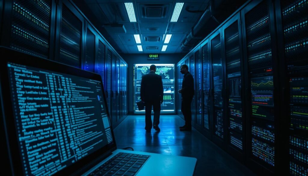 A dimly lit server room, filled with the soft glow of blinking LED lights. In the foreground, a laptop screen displays a complex web of DNS lookup requests, tracing the intricate pathways of a network breach. The middle ground features a security dashboard, its metrics and alerts painting a vivid picture of the ongoing attack. In the background, shadowy figures move through the room, their silhouettes hinting at the unseen forces at work. The scene is infused with a sense of tension and urgency, reflecting the gravity of the situation uncovered in the university's vending machine logs. A dimly lit server room, filled with the soft glow of blinking LED lights. In the foreground, a laptop screen displays a complex web of DNS lookup requests, tracing the intricate pathways of a network breach. The middle ground features a security dashboard, its metrics and alerts painting a vivid picture of the ongoing attack. In the background, shadowy figures move through the room, their silhouettes hinting at the unseen forces at work. The scene is infused with a sense of tension and urgency, reflecting the gravity of the situation uncovered in the university's vending machine logs.
