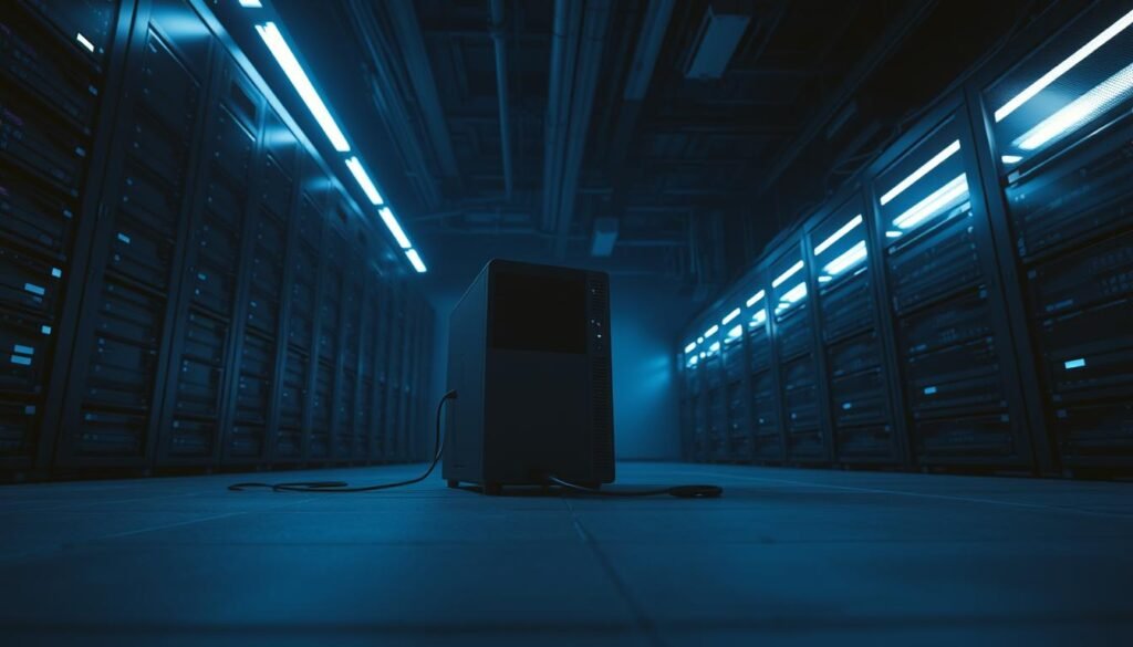 A dimly lit server room, the air thick with the hum of active hardware. In the foreground, a lone desktop computer sits isolated, its network cables disconnected, a physical switch controlling its access to the outside world. Soft blue lighting emanates from the device, casting an eerie glow across the scene. In the background, shelves of storage devices stand vigil, a testament to the importance of this air-gapped system and the data it safeguards. The lighting is subdued, creating a sense of seclusion and heightened security. The angle is a low, dramatic perspective, emphasizing the significance of this isolated system and the care taken to maintain its independence from external networks.