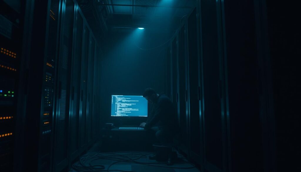 A dimly lit server room, the air thick with the hum of machinery. In the foreground, a sleek black server tower, its LED indicators blinking in a mesmerizing pattern. Cables snake across the floor, converging at a central hub, the heart of a complex network. The middle ground reveals a computer monitor, its screen displaying a terminal window with lines of code scrolling rapidly. In the background, a lone technician, hunched over a keyboard, their face illuminated by the glow of the display, a pensive expression betraying the gravity of the situation. Shadows play across the walls, creating an atmosphere of suspense and unease, as if the very architecture of the room conceals unseen threats.