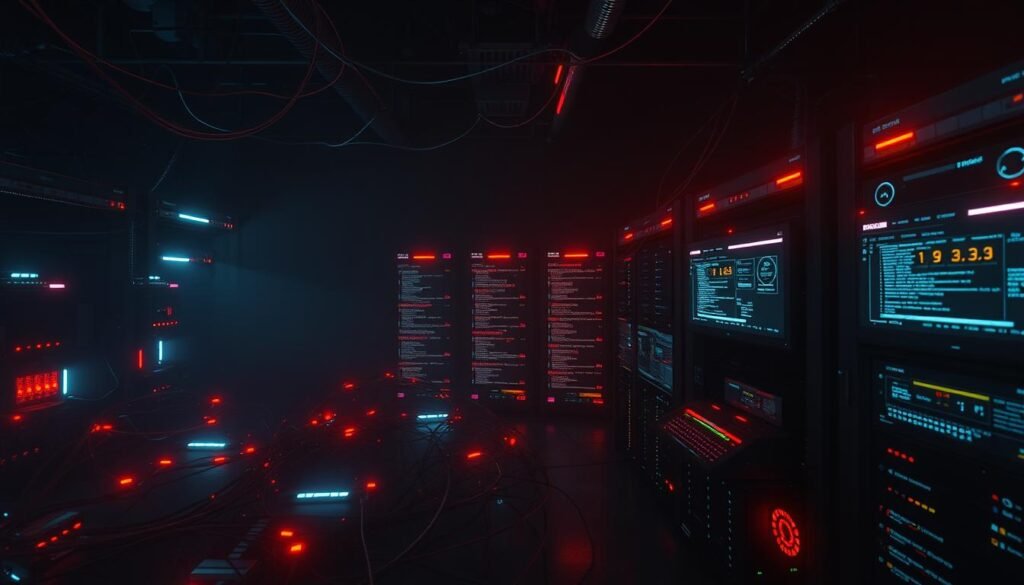 A dimly lit server room, the air thick with the hum of machines. In the foreground, a web of interconnected devices - routers, switches, and servers - forming a complex botnet, their lights blinking in a mesmerizing pattern. In the middle ground, a series of sleek, black monitors displaying intricate dashboards and automation tools, their interfaces reflecting the eerie glow of the screens. The background shrouded in shadows, hinting at the vast, unseen infrastructure powering these nefarious activities. A sense of unease permeates the scene, as if the very walls are alive with the whispers of a thousand compromised systems.