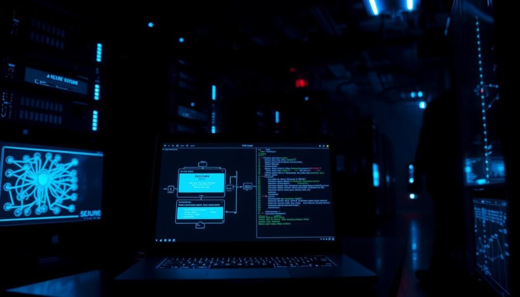 A dimly lit server room, the glow of monitors casting an eerie blue light. In the foreground, a laptop screen displays a complex network diagram, illustrating the flow of secure HTTPS connections being intercepted by a malicious actor. The middle ground features a sleek, high-tech interface with lines of code and command prompts, showcasing the technical sophistication of the "SSL stripping" attack. The background is hazy, with shadows and silhouettes of additional devices, suggesting a vast, interconnected network vulnerable to this insidious breach of trust. A dimly lit server room, the glow of monitors casting an eerie blue light. In the foreground, a laptop screen displays a complex network diagram, illustrating the flow of secure HTTPS connections being intercepted by a malicious actor. The middle ground features a sleek, high-tech interface with lines of code and command prompts, showcasing the technical sophistication of the "SSL stripping" attack. The background is hazy, with shadows and silhouettes of additional devices, suggesting a vast, interconnected network vulnerable to this insidious breach of trust.