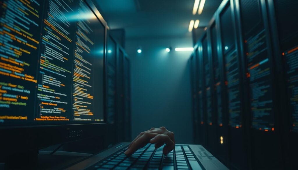 A dimly lit server room, the glow of multiple computer monitors casting a soft, warm light. On the screens, lines of code and statistics scroll rapidly, representing the real-time logs of a hosting provider's infrastructure. The air is thick with the hum of fans and the faint click of keyboards. In the foreground, a single hand hovers over a keyboard, ready to analyze and respond to any anomalies or security breaches. The scene conveys a sense of vigilance and responsibility, as the hosting provider works to ensure the safety and reliability of the website in the face of potential threats.