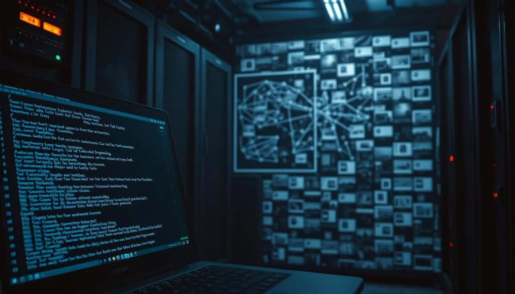 A dimly lit server room, the hum of fans and blinking lights creating an atmosphere of focused intensity. In the foreground, a laptop screen displays a terminal window, the cursor blinking as it awaits commands. Layers of information unfold, revealing open ports, running services, and vulnerabilities to be cataloged. In the middle ground, a schematic diagram of the network topology, lines and nodes mapping the interconnected systems. The background is a mosaic of web pages, each a window into the digital footprint of the target, waiting to be meticulously explored. The scene conveys the calculated precision and attention to detail required for active enumeration, a critical step in the red teamer's reconnaissance process.