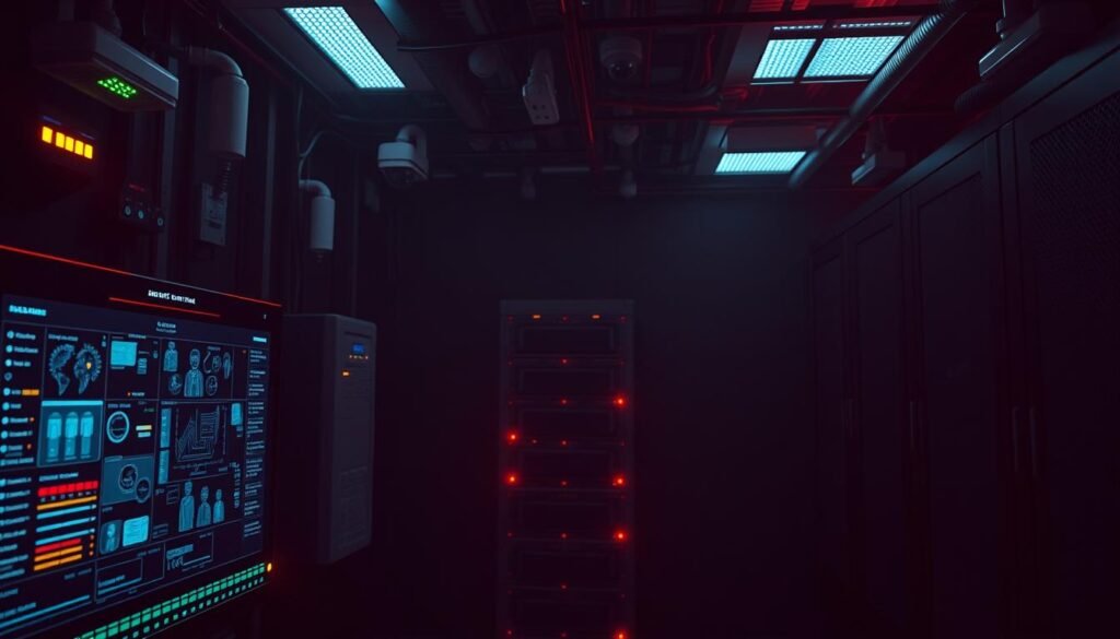 A dimly lit server room, with an array of sleek security devices adorning the walls. Flashing LED indicators cast a soft glow, while discreet cameras monitor the environment. In the foreground, a central control panel showcases a live feed of security footage, overlaid with a grid of access control interfaces. The middle ground features a rack of secure network equipment, their blinking lights and vents evoking a sense of technological prowess. The background is shrouded in shadows, hinting at the unseen layers of defense that keep sensitive data and systems protected. This scene conveys the essential role of comprehensive security controls in ensuring compliance and governance within an organization.