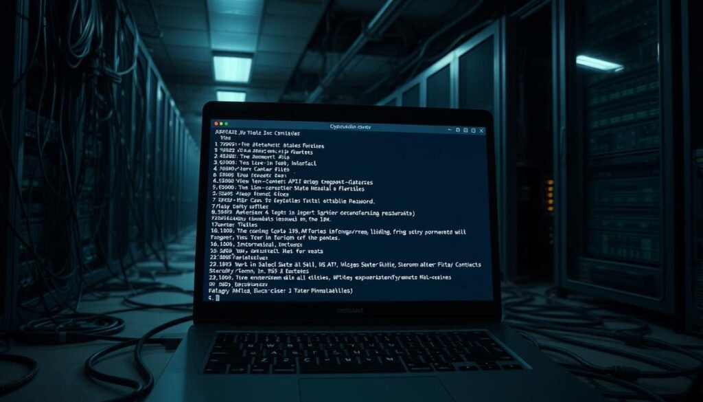 A dimly lit server room, with cables and equipment scattered across the floor. In the foreground, a laptop screen displays an open .env file, its contents clearly visible - a trove of sensitive information including API keys, database passwords, and other confidential details. The room is bathed in an eerie glow, casting long shadows that suggest a sense of unease and vulnerability. The scene conveys the unintended consequences of poorly secured production environments, where sensitive data can be exposed to potential malicious actors through simple oversights.