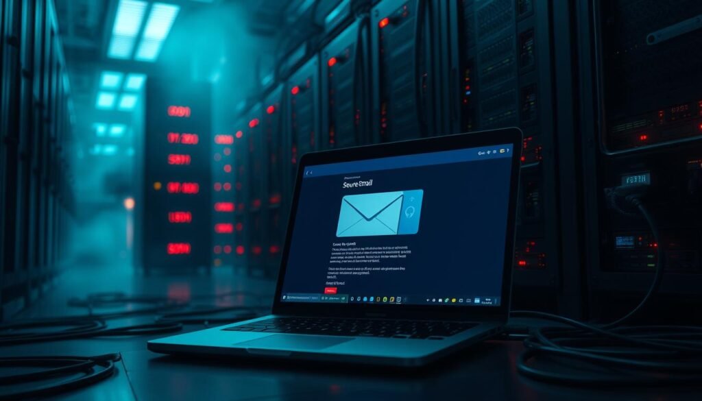 A dimly lit server room, with racks of blinking machines and cables snaking across the floor. In the foreground, a laptop screen displays a secure email interface, its interface conveying a sense of urgency and the importance of protecting sensitive communications. The background is shrouded in a hazy, almost ominous atmosphere, suggesting the ever-evolving threats to email security in the digital age. The lighting is low-key, creating deep shadows and highlighting the technical details of the equipment, emphasizing the seriousness of the subject matter. The overall mood is one of concern and the need for diligence in safeguarding email systems against the growing risks of cyber attacks, data breaches, and unauthorized access. A dimly lit server room, with racks of blinking machines and cables snaking across the floor. In the foreground, a laptop screen displays a secure email interface, its interface conveying a sense of urgency and the importance of protecting sensitive communications. The background is shrouded in a hazy, almost ominous atmosphere, suggesting the ever-evolving threats to email security in the digital age. The lighting is low-key, creating deep shadows and highlighting the technical details of the equipment, emphasizing the seriousness of the subject matter. The overall mood is one of concern and the need for diligence in safeguarding email systems against the growing risks of cyber attacks, data breaches, and unauthorized access.