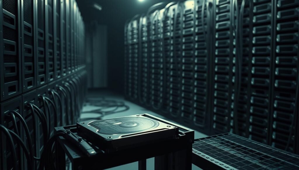 A dimly lit server room with rows of sleek, black backup drives arranged in a grid pattern. The drives are connected by cables snaking across the floor, conveying a sense of the network's complexity. In the foreground, a sturdy, standalone hard drive sits on a metal shelf, its surface unmarked and untouched, symbolizing the air-gapped nature of the backup. Soft, directional lighting highlights the drives, casting long shadows and creating a sense of depth and solemnity. The atmosphere is one of precision, security, and the importance of protecting sensitive data, reflecting the title "Air‑Gapped Backups and Recovery Best Practices".