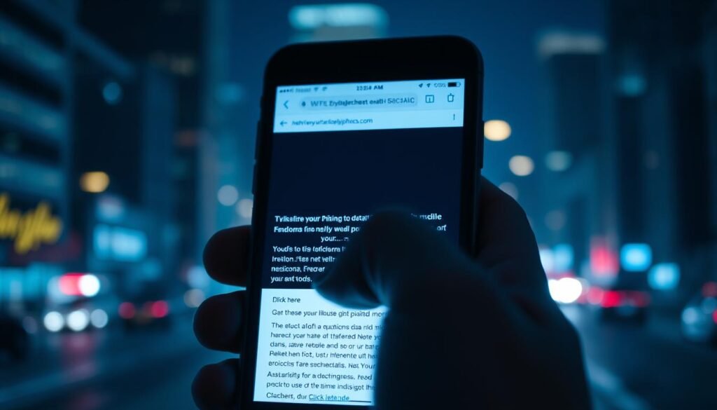 A dimly lit smartphone screen prominently displaying a phishing email, with the user's hand hovering over the tempting 'Click here' button. In the background, a blurred cityscape at night, hinting at the potential consequences of falling victim to mobile phishing scams. The scene is illuminated by a cold, bluish light, creating an ominous and cautionary atmosphere. The smartphone's camera lens is focused, drawing the viewer's attention to the deceptive phishing message, a stark contrast to the dangers lurking in the urban environment beyond.