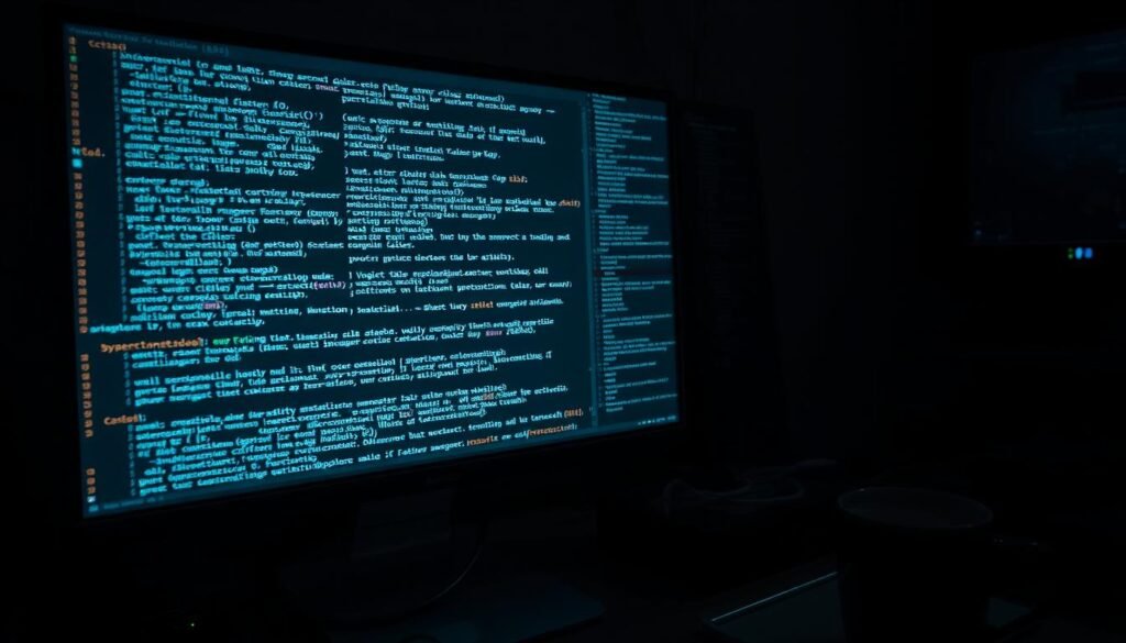 A dimly lit software development workstation, with a computer screen displaying intricate lines of source code. The code appears innocuous, but upon closer inspection, hidden within the syntax are subtle anomalies - a Trojan source code, a malicious payload concealed within the benign-looking program. The workspace is cluttered with development tools, cables, and a cup of coffee, creating a sense of intensity and focus. The lighting is harsh, casting deep shadows and highlighting the complexity of the code, evoking a sense of unease and the potential for nefarious intentions. A dimly lit software development workstation, with a computer screen displaying intricate lines of source code. The code appears innocuous, but upon closer inspection, hidden within the syntax are subtle anomalies - a Trojan source code, a malicious payload concealed within the benign-looking program. The workspace is cluttered with development tools, cables, and a cup of coffee, creating a sense of intensity and focus. The lighting is harsh, casting deep shadows and highlighting the complexity of the code, evoking a sense of unease and the potential for nefarious intentions.