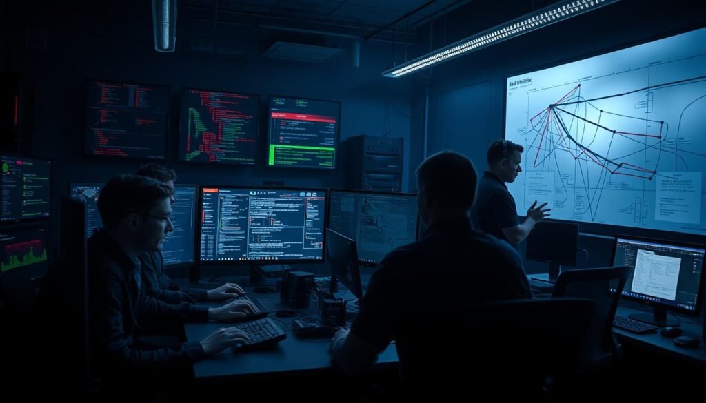 A dimly lit war room, the air thick with tension. In the foreground, a team of incident responders huddle over screens, fingers flying across keyboards as they analyze data and coordinate response efforts. Monitors display a complex web of network activity, security alerts, and incident timelines. In the middle ground, a senior analyst stands at a whiteboard, mapping out the attack vector and potential paths of escalation. Toward the back, a team lead confers with external stakeholders on a secure video call, relaying critical updates and formulating next steps. Diffused lighting casts dramatic shadows, heightening the sense of urgency. The room's atmosphere is one of focused determination, as this elite team works tirelessly to contain the breach and protect the organization. A dimly lit war room, the air thick with tension. In the foreground, a team of incident responders huddle over screens, fingers flying across keyboards as they analyze data and coordinate response efforts. Monitors display a complex web of network activity, security alerts, and incident timelines. In the middle ground, a senior analyst stands at a whiteboard, mapping out the attack vector and potential paths of escalation. Toward the back, a team lead confers with external stakeholders on a secure video call, relaying critical updates and formulating next steps. Diffused lighting casts dramatic shadows, heightening the sense of urgency. The room's atmosphere is one of focused determination, as this elite team works tirelessly to contain the breach and protect the organization.
