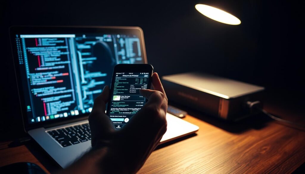 A dimly lit workspace, a laptop screen illuminating a shadowy figure, digital data streams cascading across the display. In the foreground, a hand reaches for a smartphone, its screen reflecting a mosaic of personal information - contacts, messages, and private files. The atmosphere is one of unease, as the viewer is confronted with the vulnerability of their digital identity. Soft, ominous lighting casts long shadows, emphasizing the sense of intrusion and the potential for misuse of sensitive data. The scene conveys the unsettling reality that even the most personal information can be accessed and exploited by those with malicious intent. A dimly lit workspace, a laptop screen illuminating a shadowy figure, digital data streams cascading across the display. In the foreground, a hand reaches for a smartphone, its screen reflecting a mosaic of personal information - contacts, messages, and private files. The atmosphere is one of unease, as the viewer is confronted with the vulnerability of their digital identity. Soft, ominous lighting casts long shadows, emphasizing the sense of intrusion and the potential for misuse of sensitive data. The scene conveys the unsettling reality that even the most personal information can be accessed and exploited by those with malicious intent.