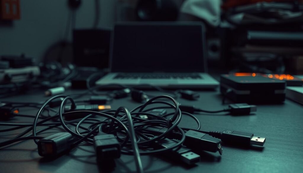 A dimly lit workspace, an array of USB devices strewn across the desk. In the foreground, a tangle of cables, hubs, and dongles, their tangled cords snaking across the surface. In the middle ground, a half-open laptop, its screen reflecting the ambient glow of the devices. The background is blurred, hinting at a cluttered, disorganized workspace - a physical-digital bridge vulnerable to exploitation. The lighting is low-key, casting shadows that obscure the details, creating an atmosphere of mystery and unease. The devices are captured at various angles, emphasizing their fragility and the potential threats they pose in an increasingly connected world. A dimly lit workspace, an array of USB devices strewn across the desk. In the foreground, a tangle of cables, hubs, and dongles, their tangled cords snaking across the surface. In the middle ground, a half-open laptop, its screen reflecting the ambient glow of the devices. The background is blurred, hinting at a cluttered, disorganized workspace - a physical-digital bridge vulnerable to exploitation. The lighting is low-key, casting shadows that obscure the details, creating an atmosphere of mystery and unease. The devices are captured at various angles, emphasizing their fragility and the potential threats they pose in an increasingly connected world.