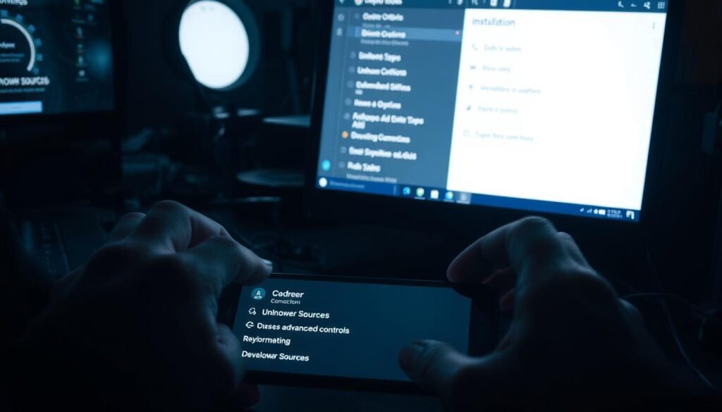 A dimly lit workspace, the glow of a computer screen illuminating a tangle of wires and a device in the process of installation. In the foreground, hands carefully navigate through unfamiliar settings, the "Unknown Sources" toggle flicked on, granting access to the device's hidden depths. The middle ground reveals the Developer Options menu, a gateway to advanced controls, while in the background, the faint outline of an ADB connection hints at the potential for deeper customization. The atmosphere is one of cautious exploration, a sense of both opportunity and risk permeating the scene.