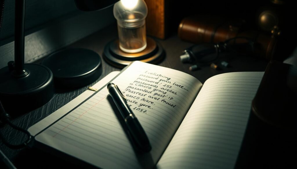 A dimly lit workspace, the soft glow of a desk lamp illuminating a collection of analog tools - a pen, a notebook, and a well-worn leather-bound journal. In the center, a set of handwritten passwords carefully documented, each character deliberately etched onto the page. The atmosphere is one of focus and intentionality, a refuge from the digital world, where the act of creating and managing strong passwords is a thoughtful, deliberate process. The image conveys a sense of security and control, a testament to the power of analog methods in an increasingly digital age.