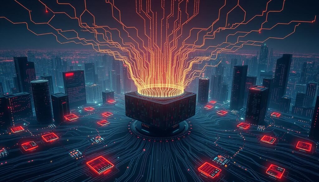 A domain name system mapping visualized as a futuristic cybersecurity landscape. In the foreground, a central domain name hub emits cascading data streams, its holographic interface glowing with intricate algorithms. In the middle ground, interconnected servers and routers form a dynamic network, their lights pulsing in sync. The background depicts a vast cityscape of skyscrapers, their facades adorned with lines of code, conveying the expansive, interconnected nature of the digital realm. The scene is illuminated by a moody, neon-tinged lighting, creating an atmospheric and ominous tone, reflecting the critical importance of comprehensive domain and network reconnaissance.