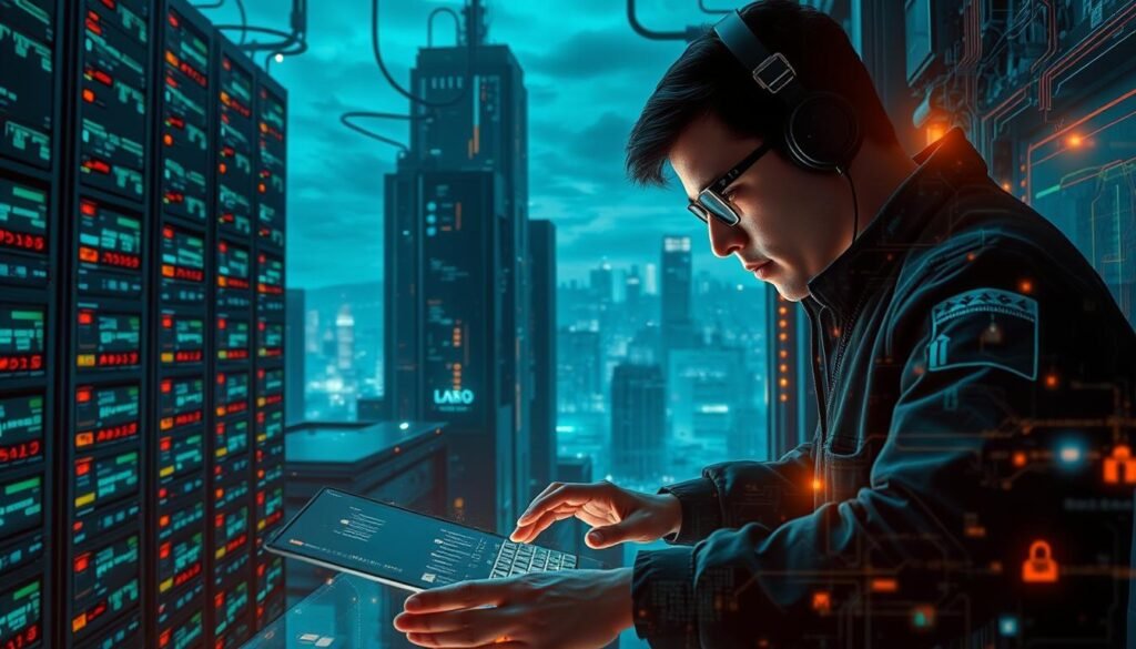 A dynamic cybersecurity landscape with towering server racks, glowing data terminals, and digital networks pulsing with encrypted information. In the foreground, a determined cybersecurity professional navigates a complex web of security protocols, their hands flying across a sleek, futuristic interface. Ambient lighting casts a cool, technological glow, while in the background, a vast city skyline stretches out, symbolizing the global scale and importance of this vital field. The overall atmosphere conveys a sense of high-stakes, cutting-edge innovation, reflecting the dynamic growth and increasing demand for skilled cybersecurity experts.