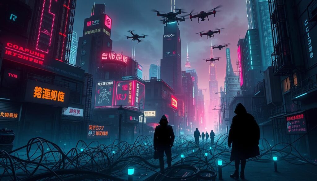 A dystopian cyberpunk cityscape, illuminated by the eerie glow of holographic displays and neon-soaked skyscrapers. In the foreground, a tangled web of data cables and circuit boards, evoking the complex and interconnected nature of modern digital threats. Shadowy figures lurk in the alleyways, their identities obscured by digital camouflage. The sky is crisscrossed with drones and surveillance drones, a constant reminder of the pervasive nature of cybersecurity risks. The overall atmosphere is one of unease and tension, underscoring the urgent need for skilled cybersecurity professionals to navigate this challenging landscape. A dystopian cyberpunk cityscape, illuminated by the eerie glow of holographic displays and neon-soaked skyscrapers. In the foreground, a tangled web of data cables and circuit boards, evoking the complex and interconnected nature of modern digital threats. Shadowy figures lurk in the alleyways, their identities obscured by digital camouflage. The sky is crisscrossed with drones and surveillance drones, a constant reminder of the pervasive nature of cybersecurity risks. The overall atmosphere is one of unease and tension, underscoring the urgent need for skilled cybersecurity professionals to navigate this challenging landscape.