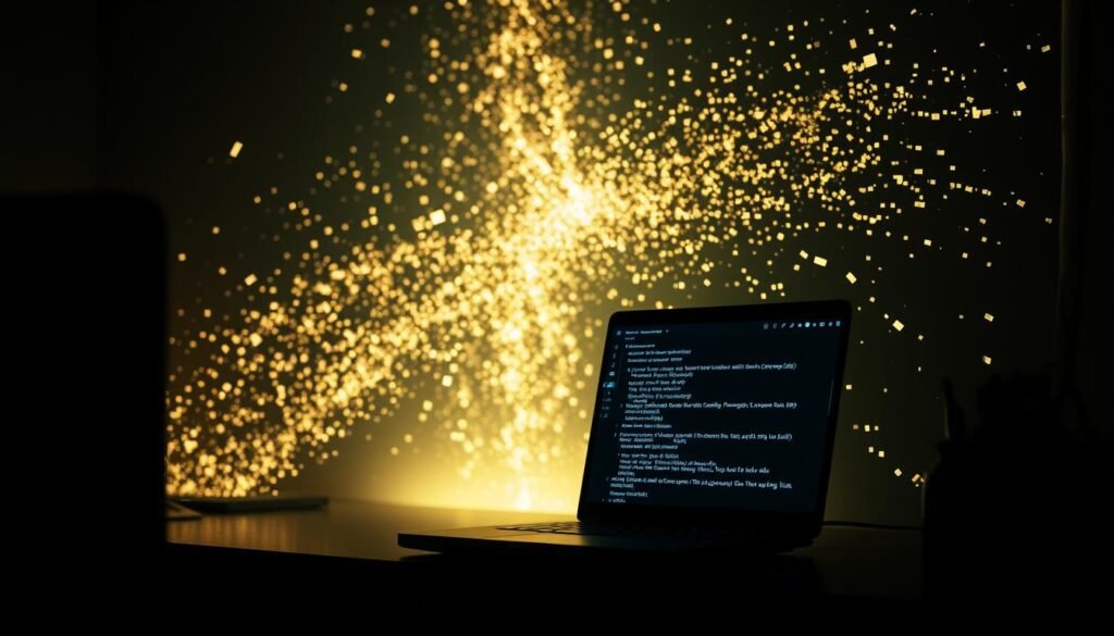 A faint glow emanates from a glitchy, pixelated data stream, casting an eerie light across a dimly lit computer desk. Shattered fragments of digital information swirl and cascade, representing the aftermath of a devastating security breach. In the foreground, a lone laptop screen displays corrupted files and error messages, conveying the personal impact of the hacked app. The overall scene conveys a sense of chaos, vulnerability, and the struggle to regain control in the face of a technological intrusion.