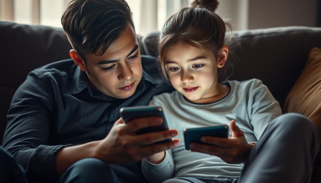 A family sitting together on a couch, intently focused on a smartphone screen. The parent's hand is gently guiding the child's finger, demonstrating parental control features. Soft, natural lighting illuminates the scene, conveying a sense of care and guidance. The background blurs softly, keeping the central interaction in sharp focus. The child's expression is one of curiosity, while the parent's face reflects a thoughtful, protective demeanor. The overall atmosphere is one of learning, safety, and the responsible use of technology.