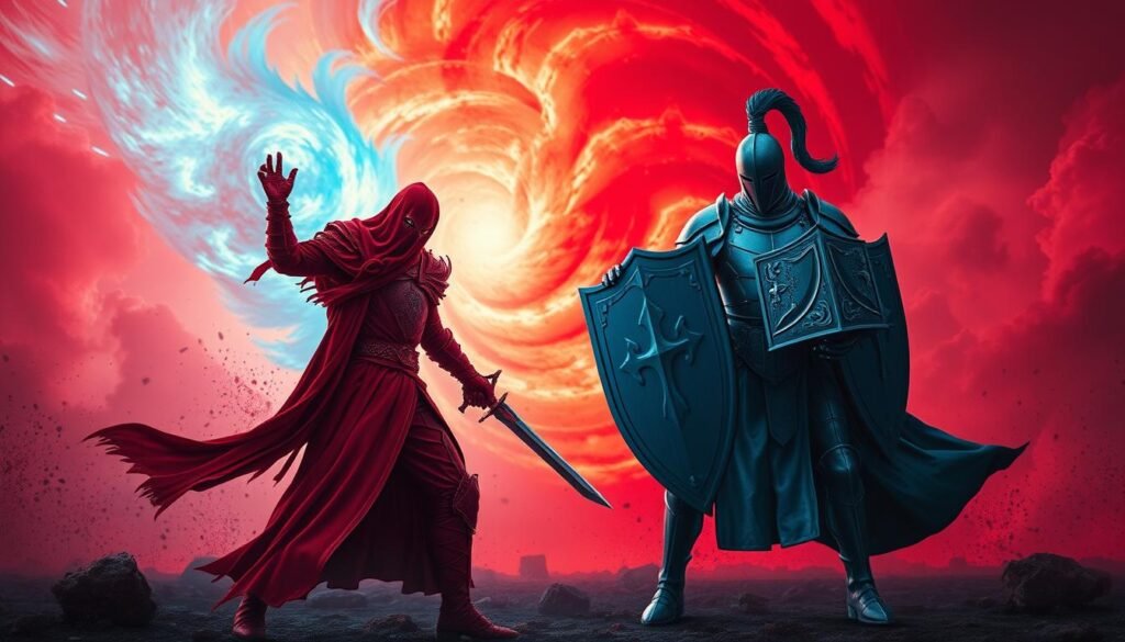 A fierce clash of colors and ideologies. In the foreground, a powerful red warrior stands resolute, sword drawn, eyes burning with determination. Across the battlefield, a stoic blue knight advances, shield raised, ready to defend their position. The background is a swirling vortex of energy, hues of red and blue colliding, creating a dynamic and tension-filled atmosphere. Dramatic lighting casts dramatic shadows, highlighting the intensity of the confrontation. The scene is captured with a wide, cinematic angle, emphasizing the scale and grandeur of the clash between these two opposing forces, representing the psychology of red team vs. blue team warfare.