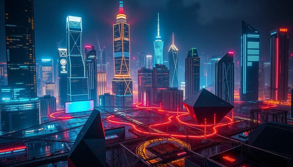 A futuristic cityscape at night, illuminated by holographic displays and neon-lit skyscrapers. In the foreground, a complex network of APIs intertwine, secured by layers of encryption and verification protocols. Sleek, angular devices communicate seamlessly, protected by an invisible fortress of zero-trust principles. The atmosphere is one of technological sophistication and uncompromising security, conveying the importance of encrypting everything and verifying everything in the modern API-driven landscape. A futuristic cityscape at night, illuminated by holographic displays and neon-lit skyscrapers. In the foreground, a complex network of APIs intertwine, secured by layers of encryption and verification protocols. Sleek, angular devices communicate seamlessly, protected by an invisible fortress of zero-trust principles. The atmosphere is one of technological sophistication and uncompromising security, conveying the importance of encrypting everything and verifying everything in the modern API-driven landscape.
