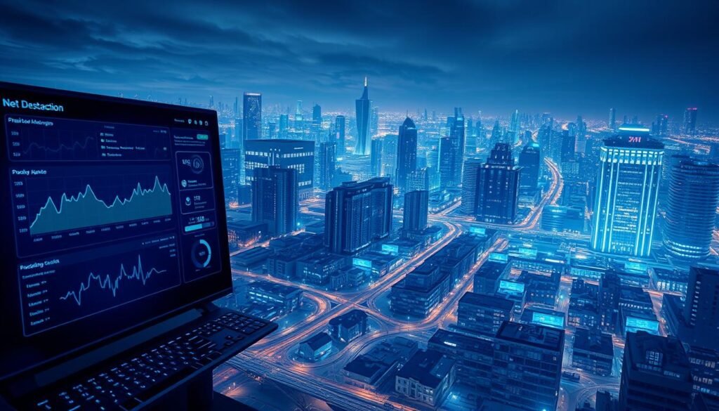 A futuristic cityscape at night, illuminated by the glow of countless interconnected devices. In the foreground, a sleek dashboard displays real-time analytics and IoT device management controls, casting a cool, blue-tinted light. The middle ground features a bustling network of smart homes, offices, and infrastructure, each element monitored and secured. In the background, a towering data center stands as the heart of the IoT ecosystem, its servers humming with the continuous flow of information. The scene conveys a sense of order, efficiency, and proactive cybersecurity, with an emphasis on the comprehensive visibility required to maintain a robust IoT security posture.