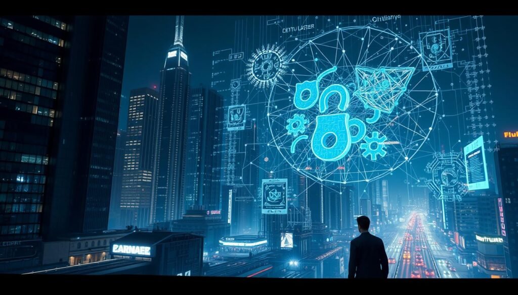 A futuristic cityscape at night, with towering skyscrapers and neon-lit streets. In the foreground, an intricate 3D data visualization hovers, displaying complex patterns and anomalies in real-time. Luminescent lines and shapes pulse and shift, representing the flow of information and the detection of potential cyber threats. The scene is illuminated by a cool, technological glow, creating an ominous yet captivating atmosphere. A lone figure, a data analyst or security expert, stands observing the display, their expression focused and determined, ready to respond to the emerging challenges of an AI-driven, hyper-connected world. A futuristic cityscape at night, with towering skyscrapers and neon-lit streets. In the foreground, an intricate 3D data visualization hovers, displaying complex patterns and anomalies in real-time. Luminescent lines and shapes pulse and shift, representing the flow of information and the detection of potential cyber threats. The scene is illuminated by a cool, technological glow, creating an ominous yet captivating atmosphere. A lone figure, a data analyst or security expert, stands observing the display, their expression focused and determined, ready to respond to the emerging challenges of an AI-driven, hyper-connected world.