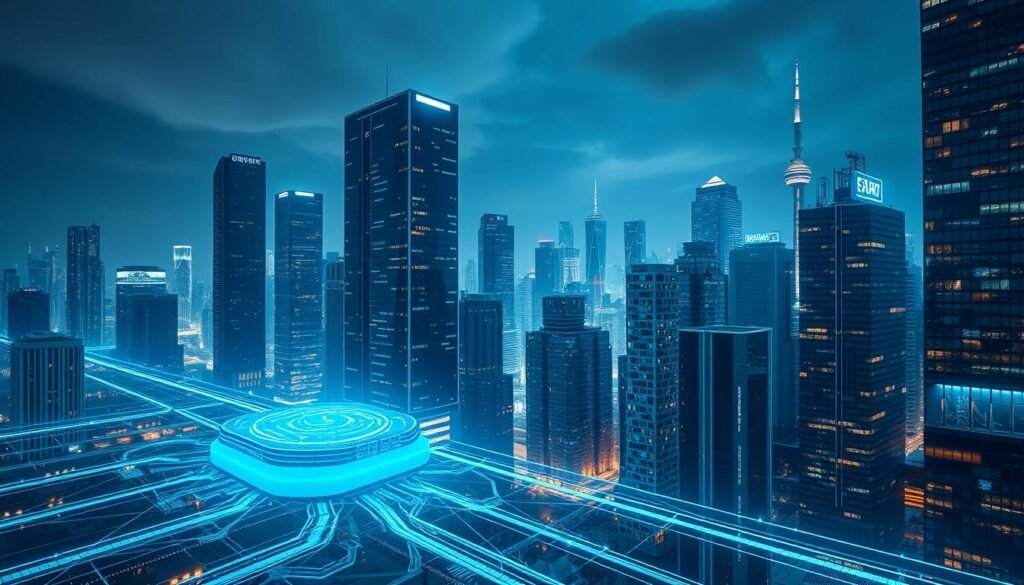 A futuristic cityscape of towering skyscrapers, their glass facades reflecting the gleaming lights of the night sky. In the foreground, a holographic display hovers, showcasing intricate data visualizations and security protocols. Amidst the urban landscape, a central control hub emerges, its sleek, minimalist design mirroring the advanced technology it houses. Ribbons of energy pulse through the city, safeguarding the cloud-based infrastructure that powers this hyper-connected, SaaS-driven world. The scene is bathed in a cool, cyberpunk-inspired palette, conveying a sense of technological sophistication and the constant vigilance required to secure the cloud-first future. A futuristic cityscape of towering skyscrapers, their glass facades reflecting the gleaming lights of the night sky. In the foreground, a holographic display hovers, showcasing intricate data visualizations and security protocols. Amidst the urban landscape, a central control hub emerges, its sleek, minimalist design mirroring the advanced technology it houses. Ribbons of energy pulse through the city, safeguarding the cloud-based infrastructure that powers this hyper-connected, SaaS-driven world. The scene is bathed in a cool, cyberpunk-inspired palette, conveying a sense of technological sophistication and the constant vigilance required to secure the cloud-first future.