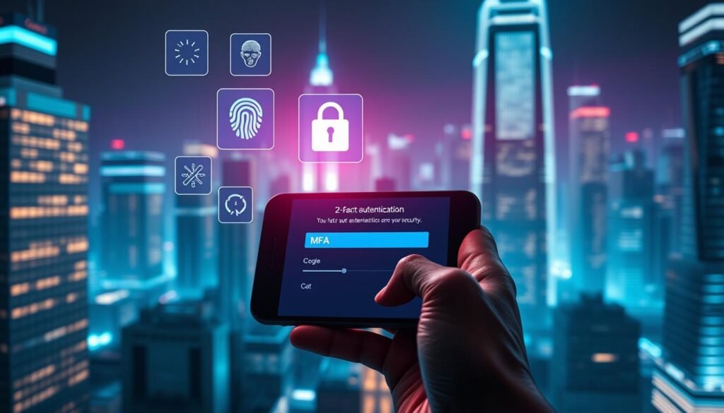 A futuristic digital security scene. In the foreground, a hand holds a mobile device, the screen displaying a two-factor authentication prompt. Floating holographic icons represent different MFA options - fingerprint, facial recognition, code generator. The middle ground features a sleek, minimalist interface with security metrics and toggles. In the background, a cityscape of gleaming skyscrapers, bathed in a cool, neon-tinged glow. Cinematic lighting casts dramatic shadows, emphasizing the high-tech, cutting-edge nature of modern account security. The overall mood is one of sophistication, strength, and technological prowess. A futuristic digital security scene. In the foreground, a hand holds a mobile device, the screen displaying a two-factor authentication prompt. Floating holographic icons represent different MFA options - fingerprint, facial recognition, code generator. The middle ground features a sleek, minimalist interface with security metrics and toggles. In the background, a cityscape of gleaming skyscrapers, bathed in a cool, neon-tinged glow. Cinematic lighting casts dramatic shadows, emphasizing the high-tech, cutting-edge nature of modern account security. The overall mood is one of sophistication, strength, and technological prowess.