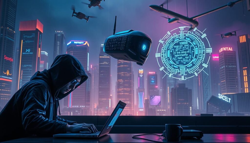 A futuristic scene depicting the contrast between traditional hacking and AI-powered hacking. In the foreground, a cyberpunk hacker hunched over a laptop, lines of code scrolling rapidly. In the middle ground, an AI assistant hovers, its interface glowing with complex algorithms. In the background, a cityscape of towering skyscrapers, neon lights, and surveillance drones, symbolizing the scale and speed of AI-driven cyber threats. The lighting is dramatic, with harsh shadows and a moody, neon-infused atmosphere, conveying the high-stakes, high-tech nature of modern hacking. The scene emphasizes the power, efficiency, and accessibility of AI-based hacking tools compared to manual, labor-intensive methods.