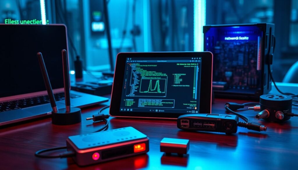 A futuristic table top filled with an array of cutting-edge ethical hacking tools. In the foreground, a sleek laptop, a wireless network adapter, and a portable USB hacking device. In the middle ground, a tablet displaying penetration testing software, and a multitool with various diagnostic ports. In the background, a 3D-printed enclosure housing a Raspberry Pi running a network monitoring suite, all bathed in a cool, blue-tinted lighting. The scene exudes a sense of technological sophistication and the promise of responsible cybersecurity exploration.