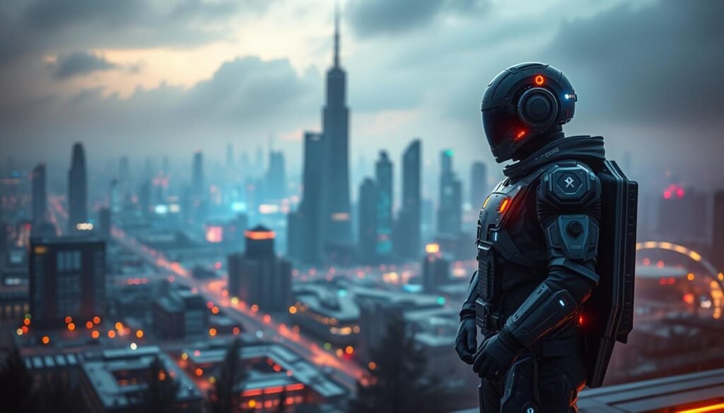 A futuristic tech landscape showcases an endpoint protection system. In the foreground, a sleek, high-tech device with glowing indicators and intricate circuitry stands guard, vigilantly monitoring for threats. The middle ground features a dynamic data visualization, depicting a network of interconnected devices and the flow of information, all under the watchful eye of the protective system. In the background, a cityscape of towering skyscrapers and pulsing networks suggests the scale and complexity of the digital world that the endpoint solution safeguards. Warm lighting from above casts a sense of reliability and security, while subtle blue hues convey the cutting-edge nature of the technology. An atmosphere of strength, resilience, and technological prowess permeates the scene. A futuristic tech landscape showcases an endpoint protection system. In the foreground, a sleek, high-tech device with glowing indicators and intricate circuitry stands guard, vigilantly monitoring for threats. The middle ground features a dynamic data visualization, depicting a network of interconnected devices and the flow of information, all under the watchful eye of the protective system. In the background, a cityscape of towering skyscrapers and pulsing networks suggests the scale and complexity of the digital world that the endpoint solution safeguards. Warm lighting from above casts a sense of reliability and security, while subtle blue hues convey the cutting-edge nature of the technology. An atmosphere of strength, resilience, and technological prowess permeates the scene.
