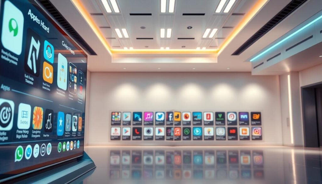 A gleaming, modern app store interface with a sleek, minimalist design. The foreground features a large screen displaying various mobile apps, each with a clean, colorful icon and a brief description. The middle ground shows a series of app categories, neatly arranged in a grid layout, inviting the user to browse and discover new apps. The background depicts a bright, airy environment with subtle lighting and a sense of depth, creating an inviting and organized atmosphere. The overall composition conveys a sense of accessibility, efficiency, and the seamless integration of technology into everyday life.