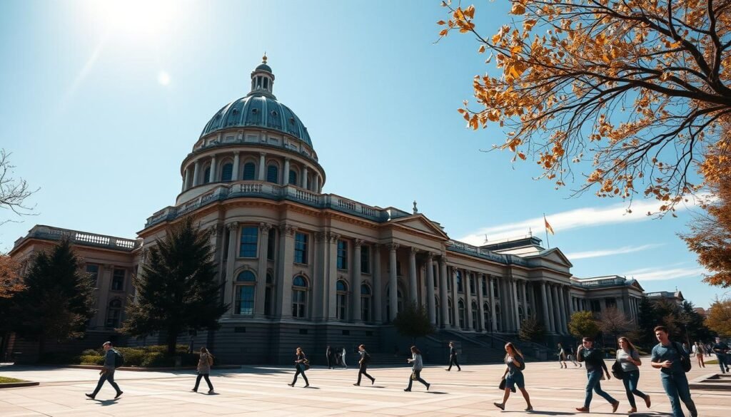 A grand, domed building stands majestically against a clear, azure sky. The iconic structure's sweeping curves and intricate architectural details exude an air of academic prestige and intellectual curiosity. Sunlight streams through the numerous windows, casting a warm, inviting glow upon the edifice. In the foreground, students scurry about, their youthful energy and mischievous spirits hinting at the legendary "hacks" that have made this institution's name synonymous with ingenious pranks. The scene captures the perfect blend of tradition, innovation, and the irrepressible spirit of a renowned center of learning.