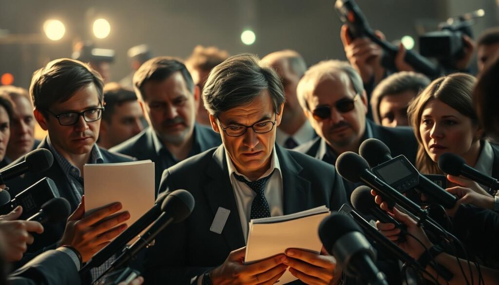 A group of journalists, notepads in hand, surrounded by a swarm of microphones and cameras, their faces etched with tension and determination. The scene is backlit, casting dramatic shadows that convey a sense of urgency and unease. The journalists, their bodies angled towards a central point, seem to be under attack, fending off a barrage of questions and flashing lights. The background is blurred, creating a sense of chaos and disruption, emphasizing the journalists' precarious position in the face of this onslaught.