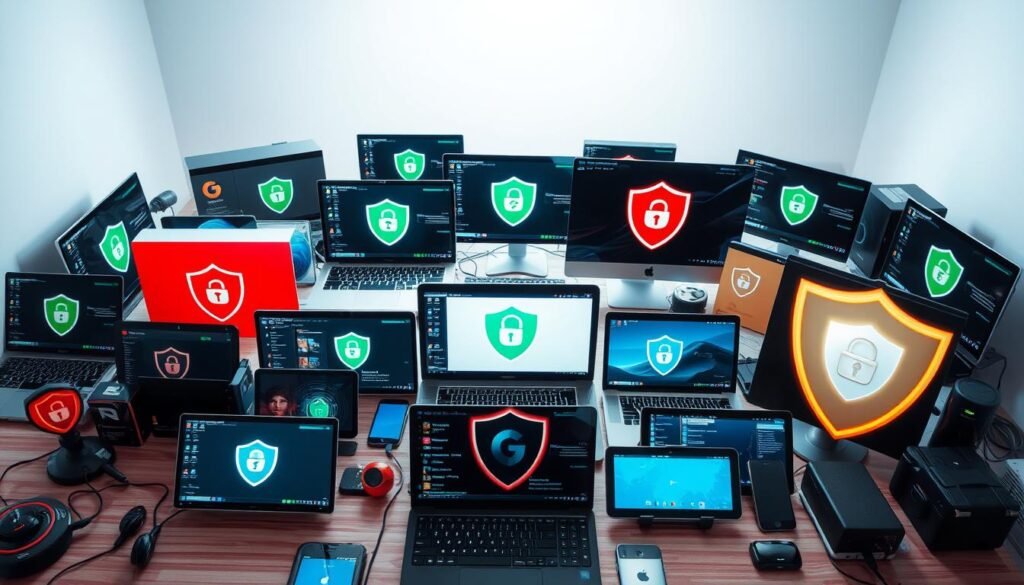A high-angle, wide-angle shot of a collection of different antivirus software products. In the foreground, a variety of antivirus app icons, program windows, and security shields are prominently displayed. The middle ground features laptops, smartphones, and other digital devices, all protected by the antivirus solutions. The background is a clean, minimalist workspace with a soft, diffused lighting, emphasizing the reliability and effectiveness of the antivirus tools. The overall mood is one of security, protection, and technological sophistication.