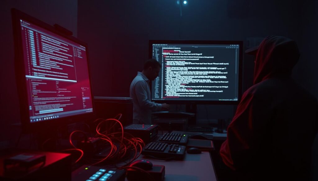 A high-contrast, cinematic scene depicting the malware analysis process. In the foreground, a forensic workstation with an array of diagnostic tools, cables, and a large monitor displaying a disassembled malware sample. In the middle ground, a security analyst intently examining the malware's behavior and characteristics. The background is shrouded in a moody, low-key lighting, creating an atmosphere of focus and intensity. The scene is shot from a slightly elevated angle, conveying a sense of the rigorous, methodical nature of the malware investigation. Subtle chromatic aberration and film grain lend an air of authenticity to the image.