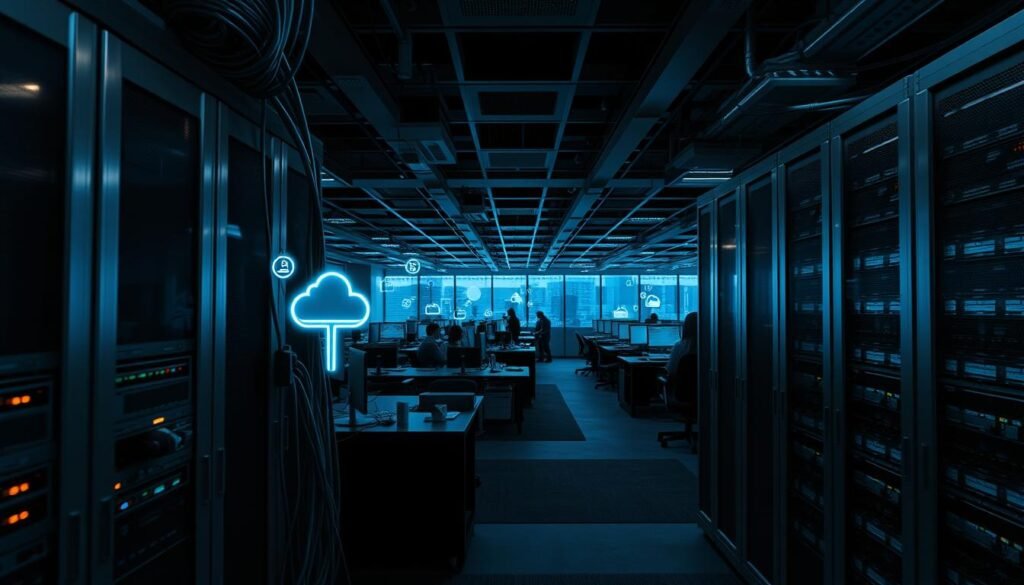 A high-contrast, cinematic wide-angle view of a corporate IT infrastructure. In the foreground, a row of server racks, their metallic housings gleaming under cool, directional lighting. Cables snake out from the racks, leading to various network devices and cloud service icons in the middle ground. In the background, a panoramic view of a modern office space, with rows of desks, computers, and the silhouettes of employees. The overall atmosphere is one of order, control, and technological sophistication, conveying the idea of a comprehensive, well-managed digital ecosystem.